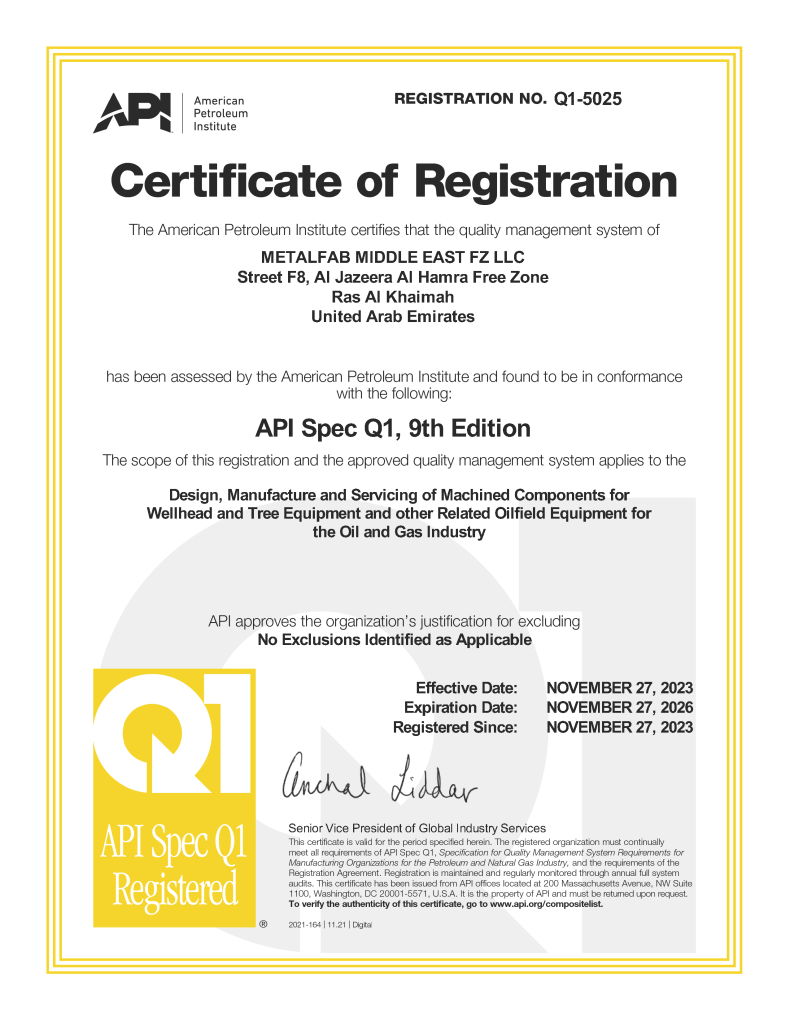 API Q1 Certificate